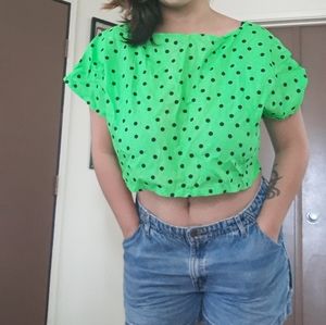 Vtg 80s Neon Green Polka Dot Crop Top